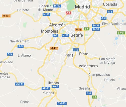 Mapa de Google Maps donde se ve la zona de actuación de Fincas Labra, Madrid, Fuenlabrada, Leganes, Getafe, Illescas, Seseña etc